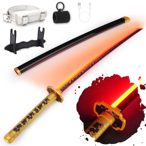 RENGENG Light Up Sword, 40 Inches Rechargeable Plastic Replica with Belt & Stand, Sword with Original Texture