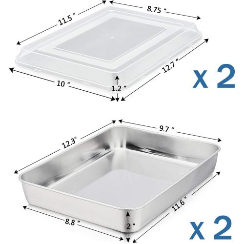 P&P CHEF Stainless Steel Baking Pan with Lid, Rectangular Cake Pans, Sheet Pan Bakeware for Baking Lasagna Brownies, 2-Inch Deep Side & Heavy Duty, Easy to Store & Clean (12.3, 4Pcs)