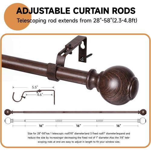 Wood Curtain Rods for Windows 28 to 48 Inches,1 inch Heavy Duty Window Curtain Rods with Imitation Wood Grain Finials,Decorative Drapery Rods Adjustable, 28-58(2.3-4.8ft), Bronze Wood