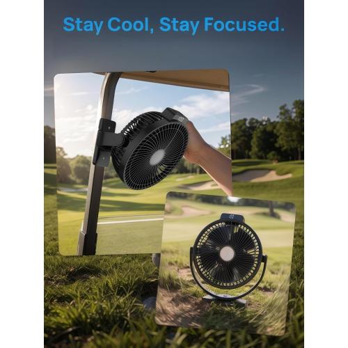 2-Pack 8-inch Magnetic Golf Cart Fan with Heavy-Duty Strap, 12000mAH Battery Operated Fan with Dual-Magnet, Bright Lighting, Compatible with EZGO Club Car Yamaha, Golf Cart Accessories, Golf Gift