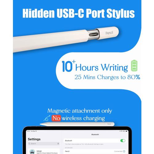 Pencil USB-C for Apple iPad 2018-2026: Slide-Switch, Hidden-Port Stylus with Tilt Sensitivity & Palm Rejection, Pen for iPad 6-11th, Mini 5-7th, Air 3-5th/M2/M3, Pro 11/12.9/13(M4/M5), White