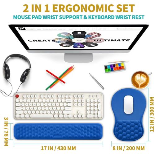 Hokafenle 2 in 1 Ergonomic Mouse Pad Wrist Support & Wrist Rest for Computer Keyboard Set, with Relieve Carpal Tunnel Pain Massage Bulge and Full Memory Gel Design (2In1 Set, Dg Blue)