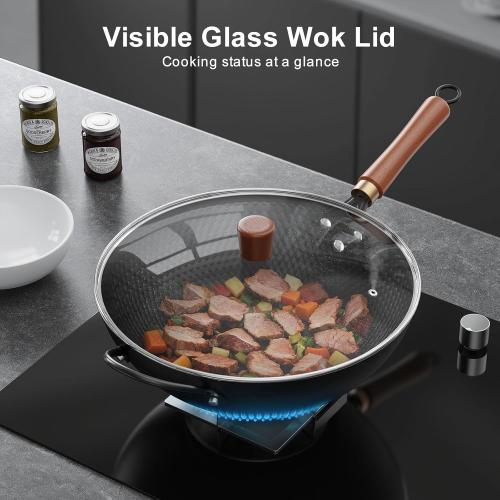 Nonstick Wok, 13-Inch Carbon Steel Wok Pan with Glass Cover, Woks & Stir-Fry Pans for Induction, Electric, Gas, Halogen, All Stoves