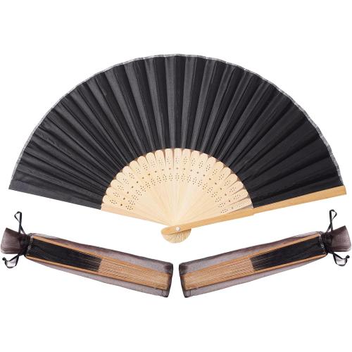 50pcs Black Imitated Silk Fabric Bamboo Folded Hand Fan Bridal Dancing Props Church Wedding Party Favors with Organza Bags
