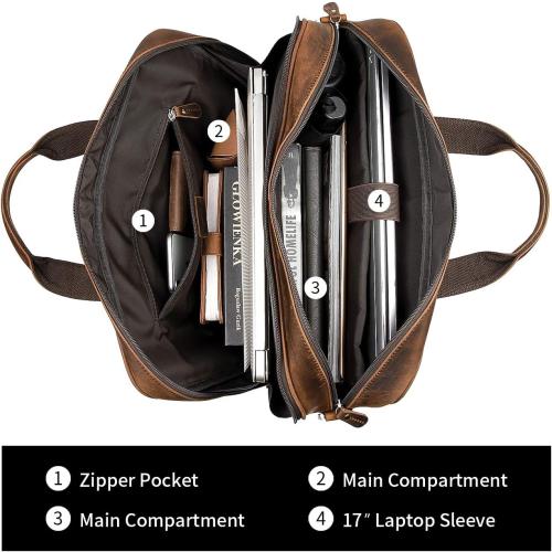 Dark Brown Augus Business Travel Briefcase Genuine Leather Duffel Bags for Men Laptop Bag fits 15.6 inches Laptop YKK Metal Zipper (Dark brown)