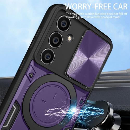 Asuwish Phone Case for Samsung Galaxy S23 FE 5G Slide Camera Magnetic Cover with Tempered Glass Screen Protector and Ring Holder Stand Hybrid Mobile Cell Accessories S 23 EF S23FE 23S Women Purple