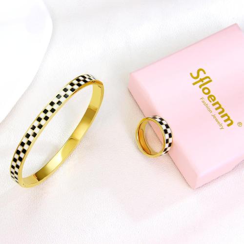 Checkered Stackable Jewelry Set: Black & White 316L Stainless Steel Bracelet & Ring | Non Tarnish Geometric Gift for Women | Hypoallergenic Unisex Gift (2-Piece)