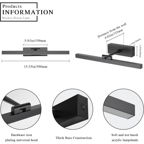 Joosenhouse Wireless Picture Light Battery Operated Gallery Light with Remote Control Rechargeable Wall Lights Black 15.35 Dimmable and Timed Off Wall Sconce Light