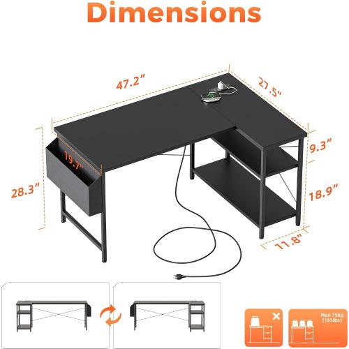 Mericonia Small L Shaped Computer Desk with Power Outlets, Reversible Gaming Desk with Storage Shelves, Corner Gamer Desk Table, Study Writing Table
