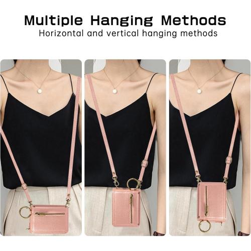 Compatible with Samsung Galaxy Z Flip 6 5G 2024 Wallet Case and Crossbody Shoulder Strap Ring Buckle Hinge Protection Stand Card Holder Phone Cover for ZFlip6 Z6 G Flip6 6Z Women Girls Men Rose Gold