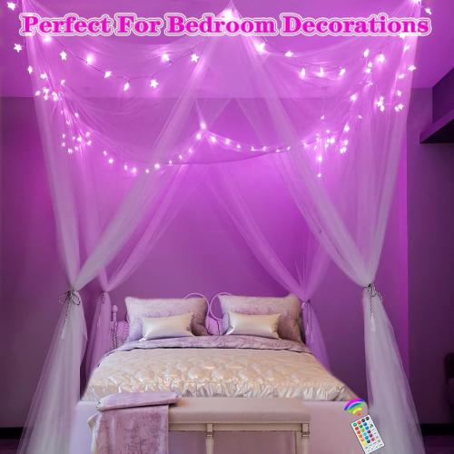 White Bed Canopy with 24 Colors Star Lights for Girls, 8 Corner Princess Canopy Bed Curtains with Color Changing LED String Lights Remote Timer for Adults Women Bedroom, Twin Full Queen King Bed