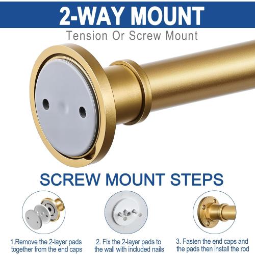 BRIOFOX Industrial Shower Curtain Rod - 2-in-1 Design Tension Curtain Rod - Rustproof Non-Slip 43 to 72 Inch Metal Steel, Frosted Gold Painted Window Curtain Rod