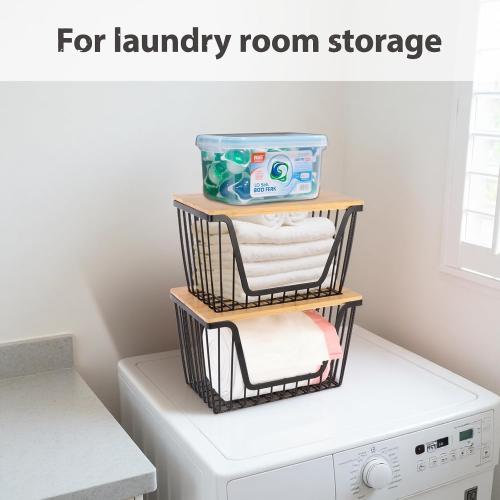 2 Pack Storage Stackable with Bamboo Top for Kitchen Laundry Room Organizers, Large Trash Bag Holder and Garbage Bag Dispenser