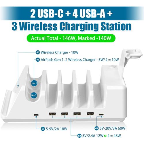 AGVEE 140W 9in1 Multi USB Charging Station Organizer Family Block Hub with Multi Cables, 3 Wireless Charger Dock for Apple iPad iPhone Cell Phone Samsung Android Tablet Multiple Devices, White