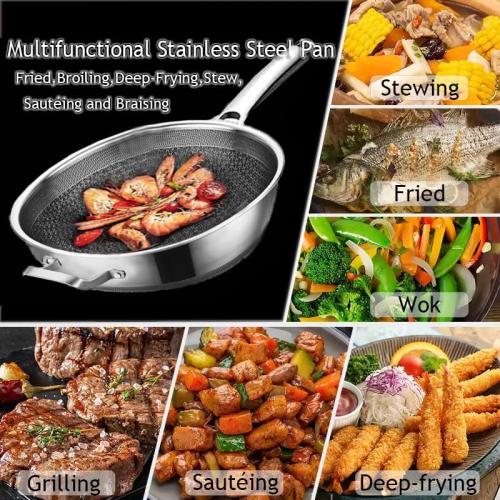 Size 14 Color silver Wok Pan,Hybrid Nonstick 14 Inch Wok with Lid,Induction Non Stick Stainless Steel Large Deep Woks&Stir-Fry Pans,Stay-Cool Handle Skillets,PFOA Free Cookware