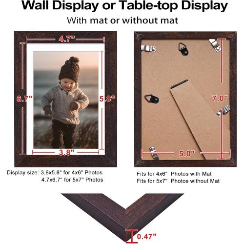 KINLINK 5x7 Picture Frame Brown Set of 4, Wooden Photo Frames Matted 4x6 with Plexiglass for 4x6 with Mat or 5x7 without Mat for Table and Wall Display