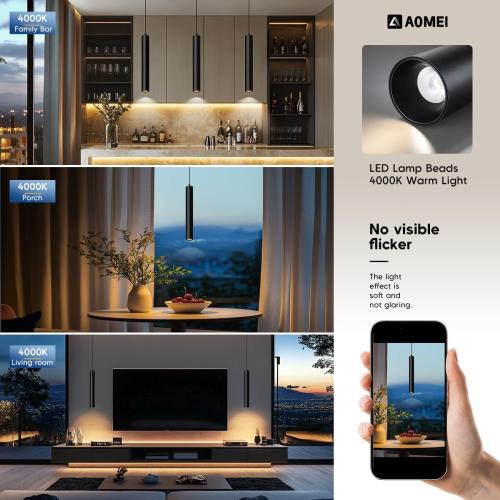 Color Black Black Natural Light Spectrum LED Pendant Lights with Height Adjustable, 3000K Minimalist Modern Cylinder 5W Mini Long Tube Hanging Lamp