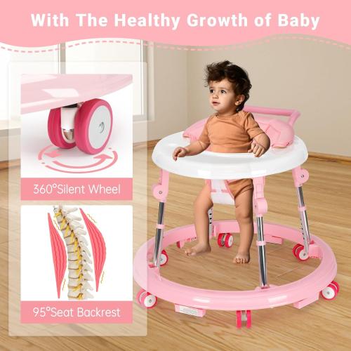 Pink Baby Walker Foldable with 9 Adjustable Heights, Baby Walker with Wheels Portable, Infant Toddler Walker for Baby Boy Girls 6-18 Months (Pink)