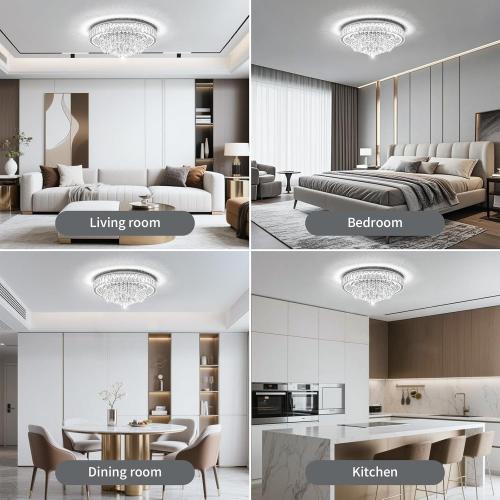 Modern Dimmable Led Crystal Chandelier: Flush Mount Crystals Ceiling Light with Remote - 24 Silver Ceiling Lighting Fixtures Round Crystal Chandeliers for Dining Room Bedroom Living Room Entryway