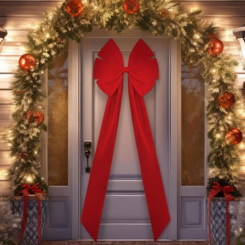 XunYee 82.6 x 27.5 Inch Christmas Extra Large Front Door Bow Decorations Giant Oversized Velvet Tree Bows Decorative with Long Streamers for Xmas Door Wreath Wall Porch Decorations(Red)