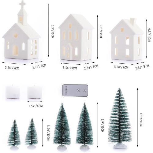 9 Pcs Christmas Village Figurines Sets - 4 Lighted Ceramic Houses with Remote Control & 5 Trees - Christmas Decorations Indoor - White Xmas Holiday Farmhouse Rustic Decor for Home Table Room