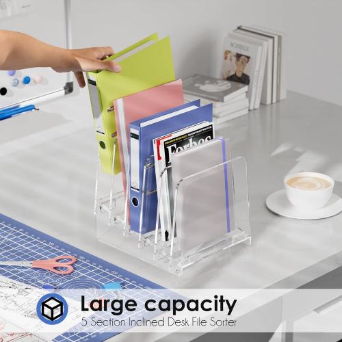 MaxGear Desk File Organizer, 5-Section Vertical Acrylic Filing Folders Holder Stand, Clear Incline Document Organizer Sorter Rack for Office School Home