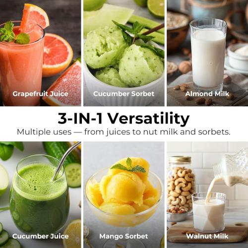 Juicer Machines, 3-in-1 Cold Press Juicer with 6.5 Extra Large Chute, 100oz Large Capacity, AC Motor, Makes Juice, Nut Milk & Sorbet, Bright White