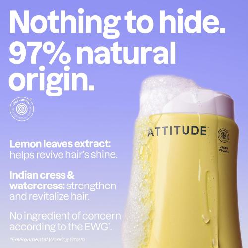 ATTITUDE Clarifying Hair Shampoo, EWG Verified, Restores Shine, Naturally Derived Ingredients, Vegan, Plant Based, Lemon Leaves and White Tea, 8 Fl Oz