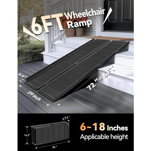 Black Aluminum Ramp 6FT, With Non-Slip Surface Wheelchair Ramp, Folding Portable Wheelchair Ramps for Home Steps,Scooter Ramp for Car, Stairs, Doorways, Curbs, 800 LBS Weight Capacity, 28.3 W x 72 L