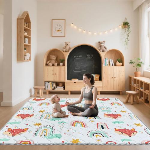 Baby Play Mat for Floor,71x59 Inch Soft Foam Padding Crawling Mat for Playpen, Foldable and Machine Washable, Thick for Babies & Toddlers,Rainbow Fox