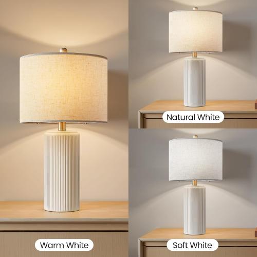 Ceramic Table Lamp Set of 2, 23 Inch 3-Level Dimmable Bedside Lamps with Linen Shade, Farmhouse Nightstand Lamps for Bedroom Living Room, Rustic White Desk Lamp, LED Bulb Included