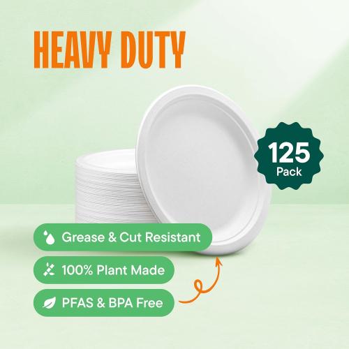 Stack Man 100% Compostable Small Paper Plates 7 Inch Heavy-Duty [125-Pack] Eco-Friendly White Bagasse Disposable Dessert Cake Plates - 7 Biodegradable Plate (BPI-Certified) (PFAS-Free)