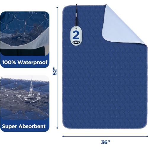 Hide Stains Bed Pads Washable Waterproof for Incontinence, 4-Layer Absorbency Pee Pads, Washable Underpad, Bed Wetting Pad for Elderly, Adults, Pets, 36x52-2 Pack, Navy Blue
