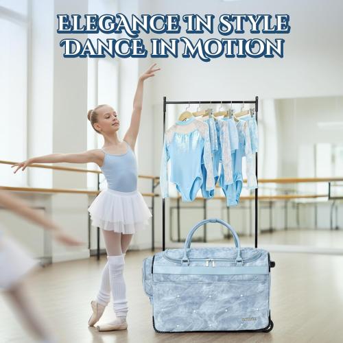Fanwoli 23 Denim Dance Bag with Garment Rack, Competition Duffel | Creative-Denim Collection|Waterproof|Anti-Tipping Dual-Support Rack|9-Pocket Storage|Silent Wheels|10-Costume Capacity