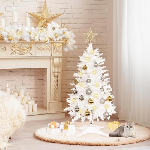 Sunshine White Christmas Tree with Light 3ft Artifical Full Christmas Tree with Ball & Star Ornaments 8 Lighting Modes for Holiday Decor