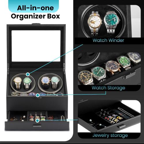 J&T Technology 4 Watch Winder with 6-Slots Watch Storage and Jewelry Drawer | 3-in-1 Storage System,Auto-Winding,Extra Storage,Jewelry Case,Japanese Quiet Motor with 4 Programmable Modes,LED Light
