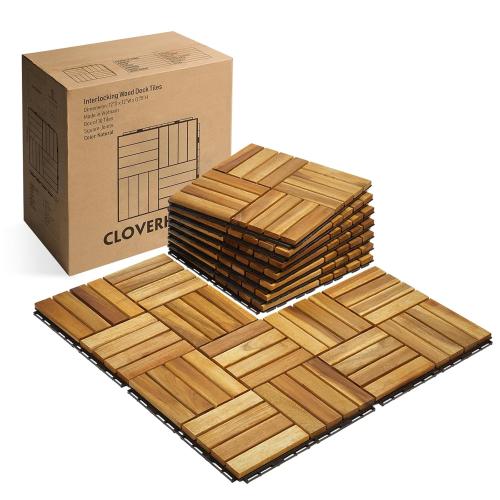 10 PCs Interlocking Deck Tiles, 12x12 inches Waterproof Wood Patio Floor Tiles for Indoor and Outdoor, Easy Snap Flooring, Balcony, Garden, Square Joints, Natural