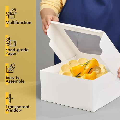 RACETOP 24pcs Cake Boxes with Window, 10x10x5 Inches White Bakery Boxes, Cookie Dessert Boxes, Pastry Box, Square Cardboard Cake Box for Cake, Birthday Party, Donuts, Wedding