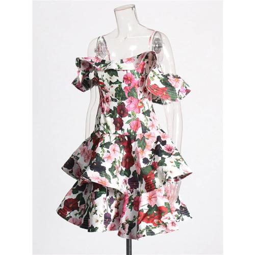 Women's XL Floral Printing Mini Dress Square Collar Sleeveless High Waist Ruffles Dresses