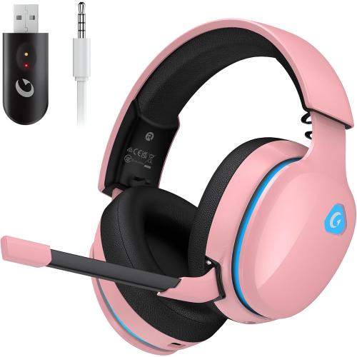 Gtheos 2.4GHz Wireless Gaming Headset for PS5, PS4 Fortnite & Call of Duty/FPS Gamers, PC, Nintendo Switch, Bluetooth 5.3 Gaming Headphones with Microphone for Mobile, Stereo Sound (Blush Pink)
