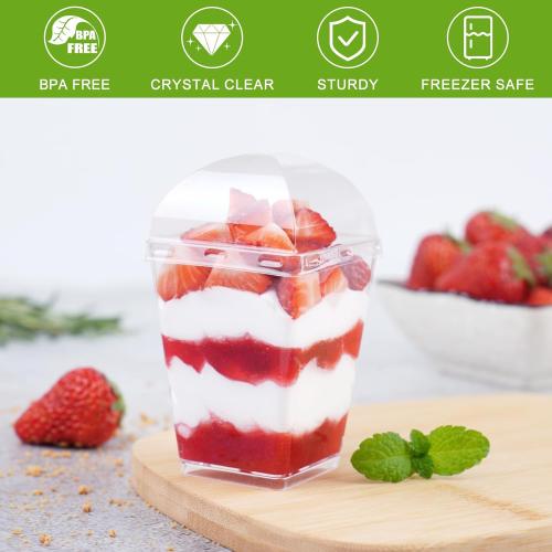 Zezzxu 50 Pack 5 oz Dessert Cups with Dome Lids and Spoons, Plastic Pudding Cups with Lids Mini Parfait Shooter Cups for Party Individual Banana Pudding Jello Yogurt Fruit Trifle