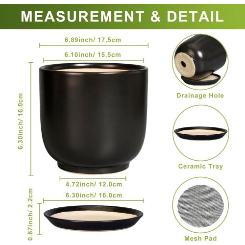 Ceramic Planter 7 Inch - Cylinder Round Modern Indoor Plant Pot for Plants with Drainage Hole and Saucer, Room Home Patio Office Patio Decor, Black