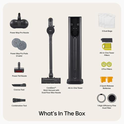 LG CordZero A949 - Cordless Stick Vacuum Cleaner with Auto-Empty Base, 200 Minute Runtime w/Extra Rechargeable Battery, Power Mop, Dual Floor Max, Lightweight, Cleaning for Carpet, Hardwood, Pet Hair