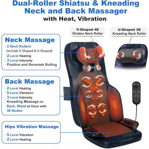 Shiatsu Massage Cushion for Neck and Back with Heat - 4D Kneading, Vibration for Relief Muscle Tension, Dual-Neck Design, Adjustable Intensity and Height for Office Chair, Home Use, Navy Blue