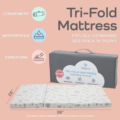 Babylicious Waterproof Pack and Play Mattress Topper | 38 x 26 x 1.5 | Trifold Style - Breathable Soft Plush Foam - Portable Mattress Topper- Baby Foam Mattresses for Babies