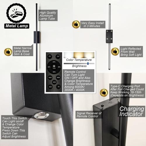 Easy Install Peel and Stick on Battery Operated Wall Sconces Set of 2 Rechargeable, Magnetic Linear Wall Sconce Wireless Long Picture Vanity Wall Light for Living Room Bedroom (2 Pack, 28.3'', Black)