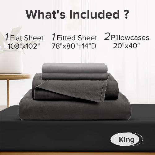 Comfort Spaces 100% Cotton Sheets King, Breathable & Ultra Soft Cotton Sheets, Naturally Cool Cotton Bed Sheets with 14 Elastic Pocket Fits up to 16 Mattress, All Season Sheet Set, Black 4 Piece