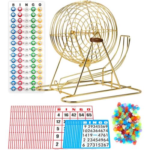 Regal Bingo Professional Bingo Game Set with 11 Wheel Cage, 75 Bingo Balls, Master Board, 18 Bingo Cards & 25 Jumbo Reusable Cards, and Colorful Chips - Bingo Games for Adults Large Group - Gold