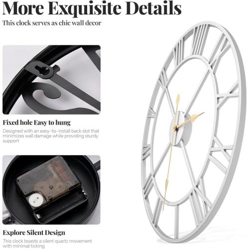 30 Inch Large Wall Clock, Modern Silver Metal Big Decorative Wall Clock Home Decor, Battery-Operated Roman Numeral Analog Metal Round Wall Clocks for Living Room, Bedroom, Office Black