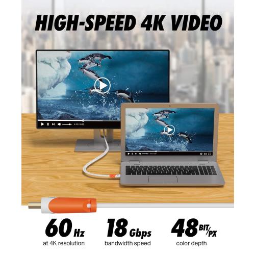 White 25Ft Flat Cable HDMI - 2.0 - High Speed HDMI Flat Wire, by Ultra Clarity - CL3 Rated - Audio Return Channel (ARC) 4K Ultra HD 2160p / Bandwidth up to 18Gbps / 3D HD 2 X 1080p Ready (25 feet 1-Pack)